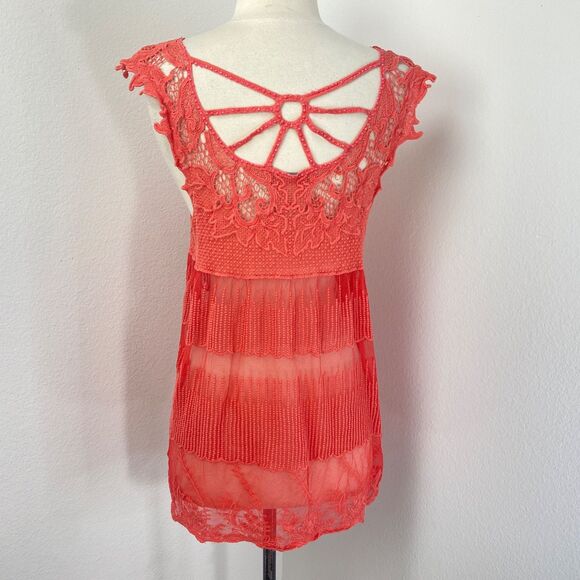 Janet Paris Orange Embroidered Mesh Top Tunic Large Studs Mesh Festival Boho - Picture 7 of 12